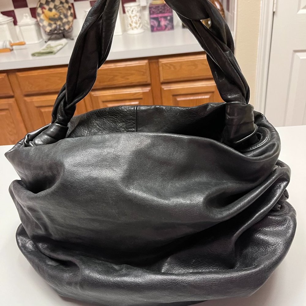 SABINA New York Black Genuine Leather Ruched Hobo Tote - Like New